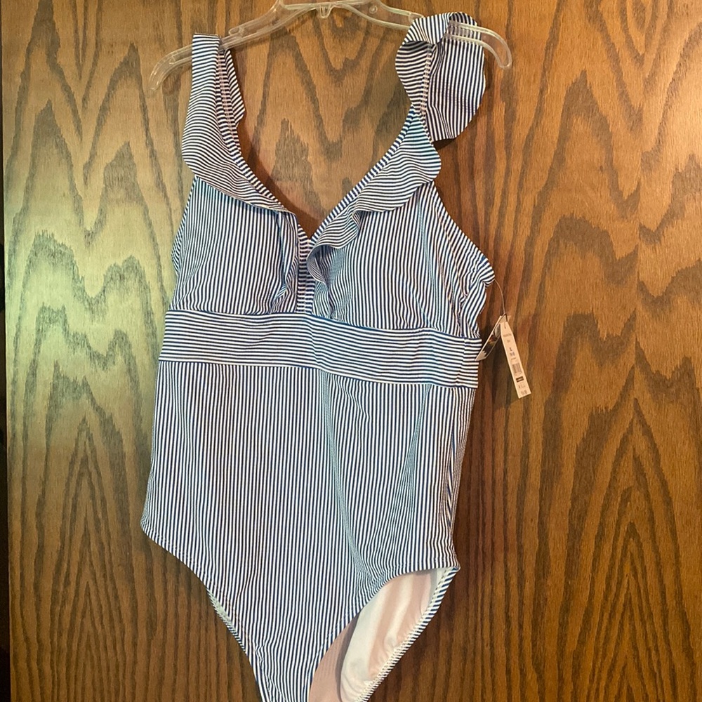 NWT Time and Tru Blue & White striped bathing suit sz XL (16-18)